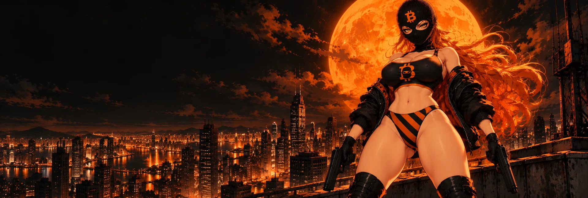The BTC antihero above the city under a huge orange moon